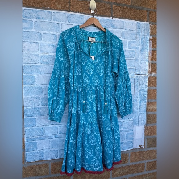 TUCKERNUCK Tropical Teal Lantern Block Print Tie Neck Coverup Dress Size Medium - Picture 4 of 14